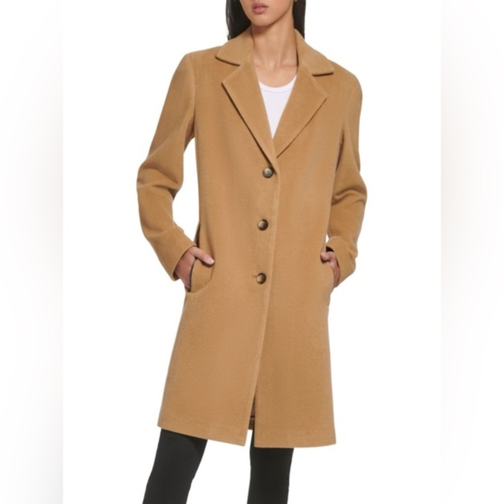DKNY Classic WOMEN'S SINGLE BREASTED WOOL BLEND COAT IN CAMEL SIZE 10